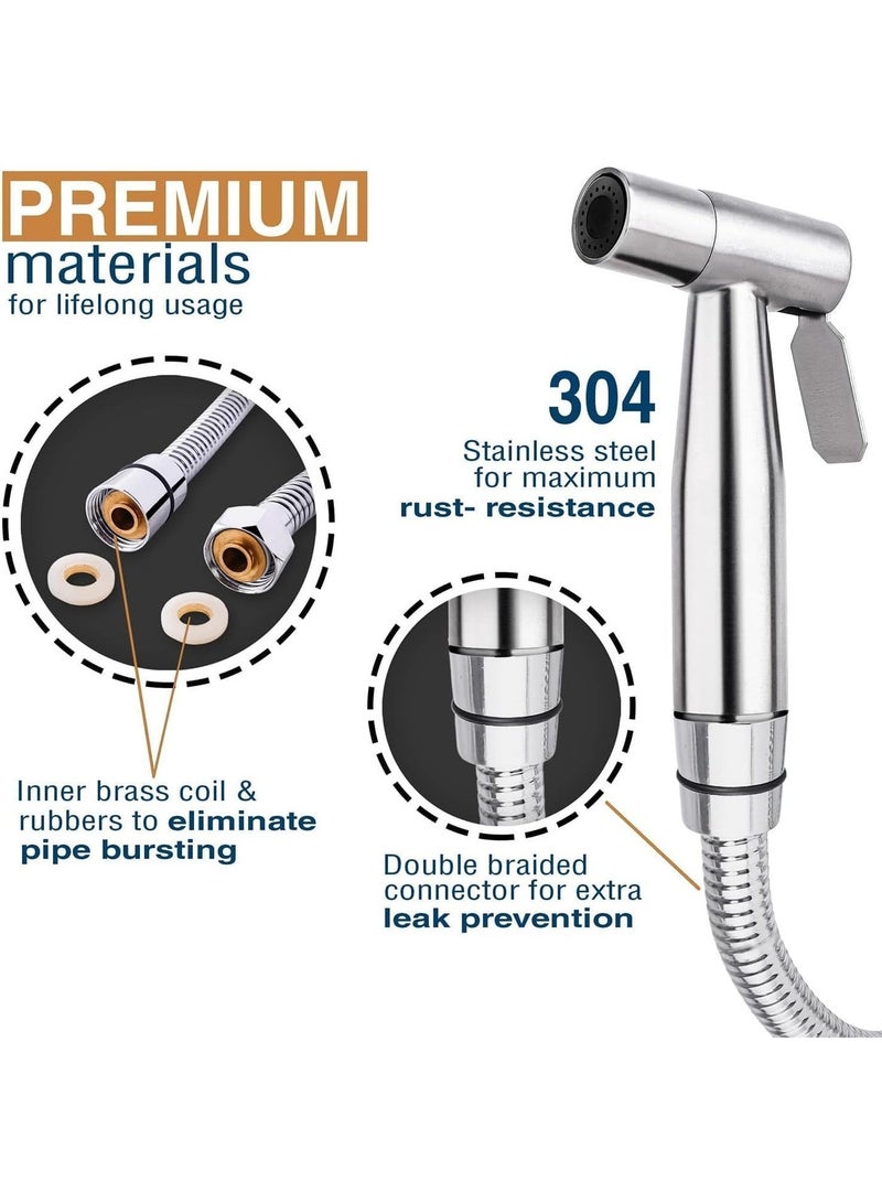 Walpck Handheld Bidet Sprayer for Toilet, 304 Grade Stainless Steel Bathroom Jet Spray with 1.5 Meter Shower Tube, Portable Adjustable Water Pressure Handheld Bidet Sprayer for Bathroom (Silver) - Image 2